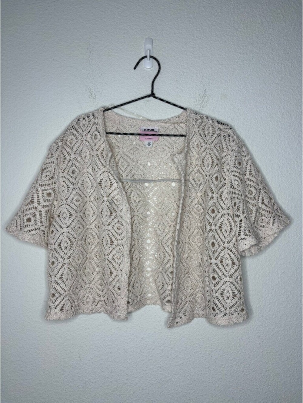 Future Collective Women's Sz L Crochet Open Cardigan Beige Cropped 1997